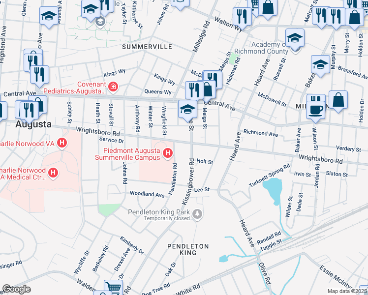 map of restaurants, bars, coffee shops, grocery stores, and more near 2216 Wrightsboro Road in Augusta