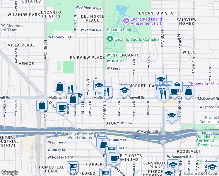 map of restaurants, bars, coffee shops, grocery stores, and more near 1632 Palmcroft Way Southwest in Phoenix