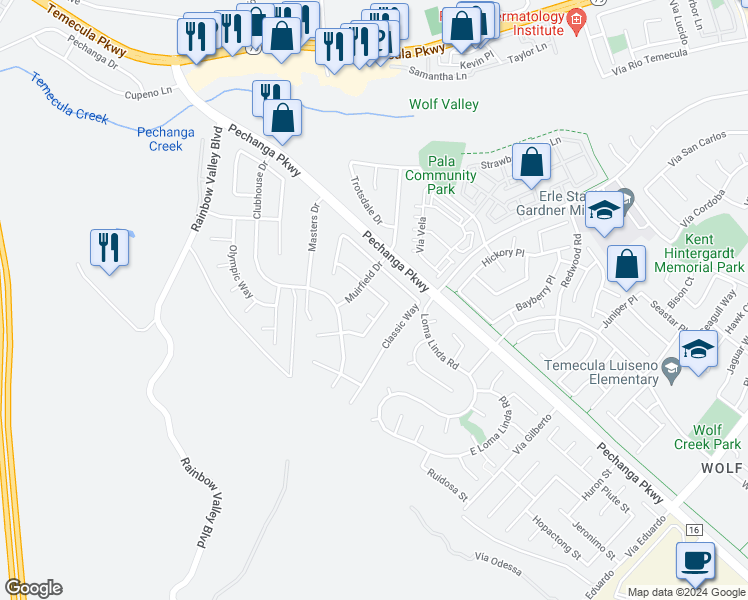 map of restaurants, bars, coffee shops, grocery stores, and more near 30957 Greensboro Drive in Temecula