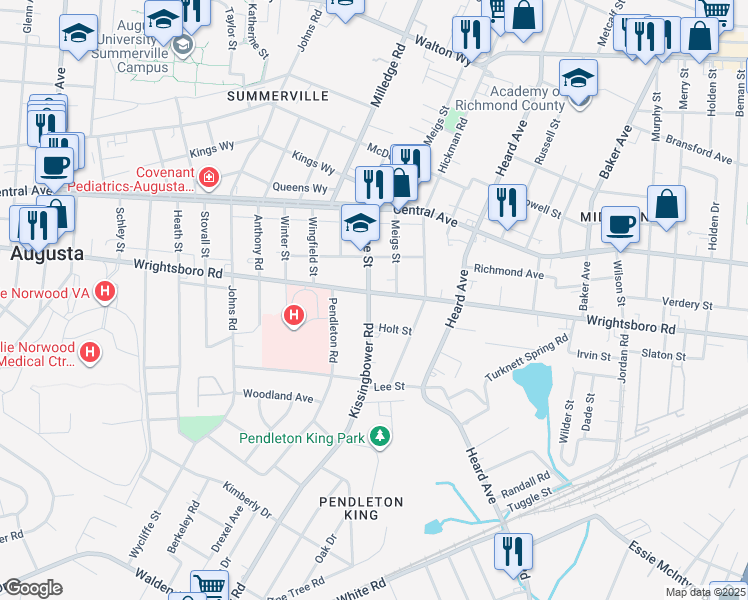 map of restaurants, bars, coffee shops, grocery stores, and more near 1418 Troupe Street in Augusta