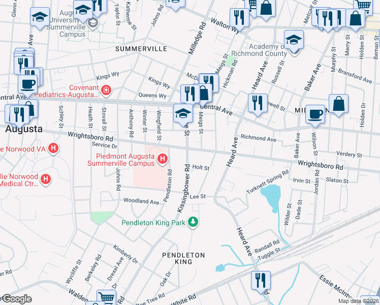 map of restaurants, bars, coffee shops, grocery stores, and more near 2132 Wrightsboro Road in Augusta
