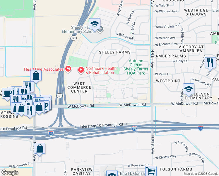 map of restaurants, bars, coffee shops, grocery stores, and more near 1789 North 94th Avenue in Phoenix