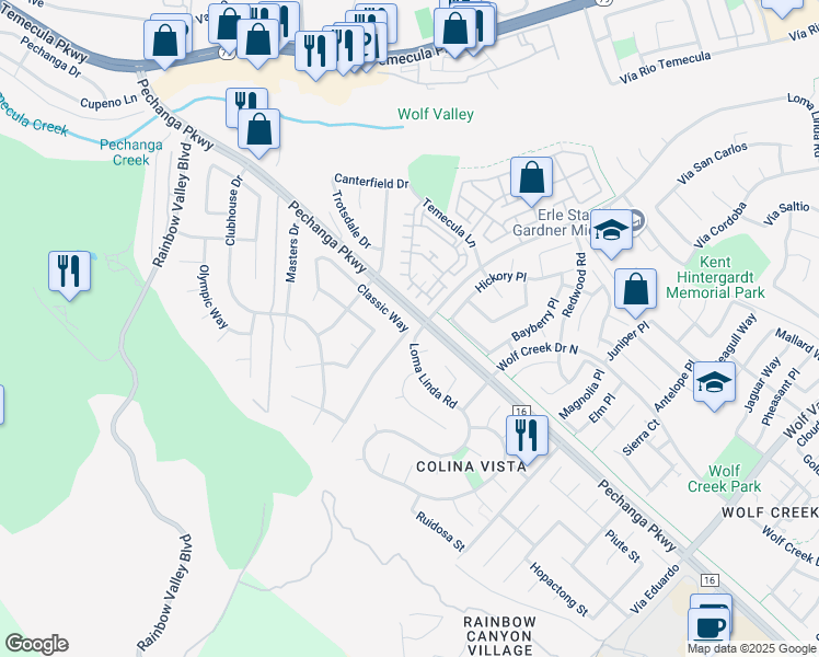 map of restaurants, bars, coffee shops, grocery stores, and more near 45712 Classic Way in Temecula