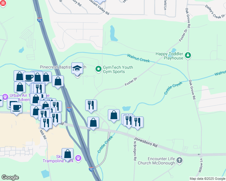 map of restaurants, bars, coffee shops, grocery stores, and more near 250 Foster Drive in McDonough
