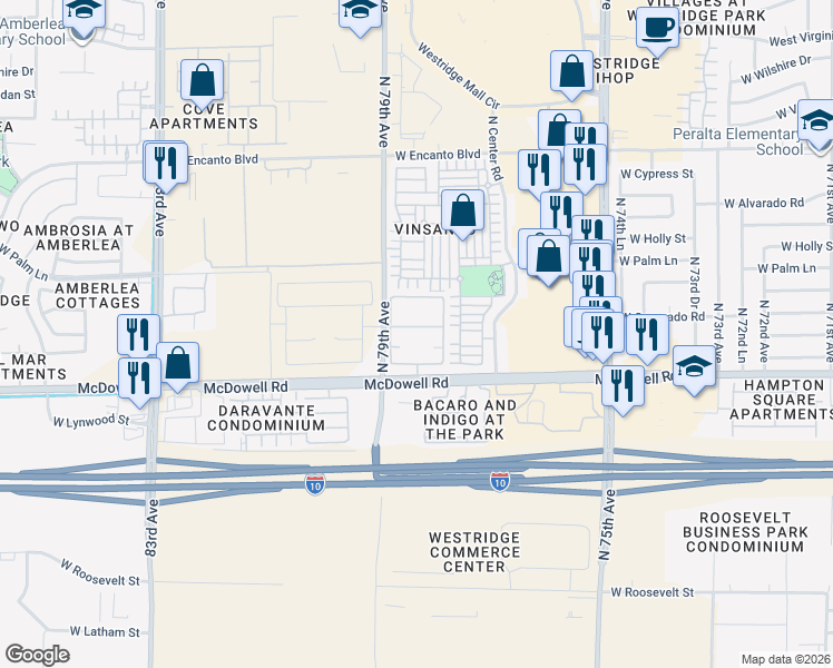 map of restaurants, bars, coffee shops, grocery stores, and more near 7850 West McDowell Road in Phoenix