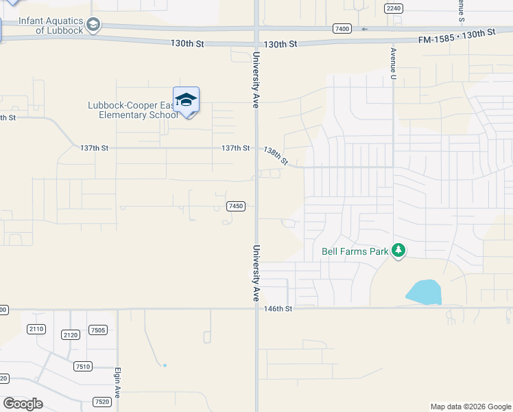 map of restaurants, bars, coffee shops, grocery stores, and more near 140th Street in Lubbock