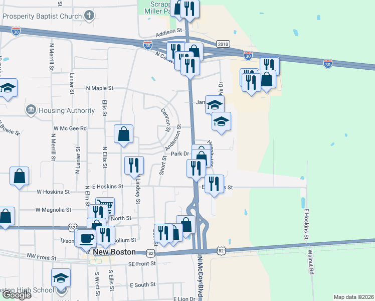 map of restaurants, bars, coffee shops, grocery stores, and more near 424 North McCoy Boulevard in New Boston
