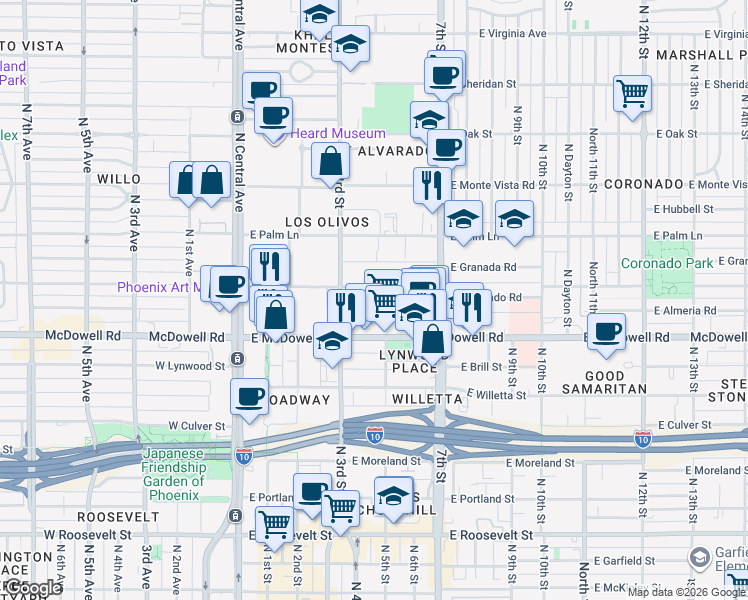 map of restaurants, bars, coffee shops, grocery stores, and more near 326 East McDowell Road in Phoenix