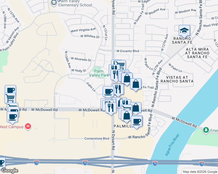 map of restaurants, bars, coffee shops, grocery stores, and more near 13116 West Coronado Road in Goodyear