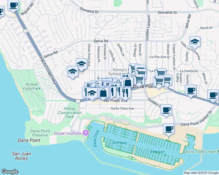 map of restaurants, bars, coffee shops, grocery stores, and more near 34141 La Serena Drive in Dana Point