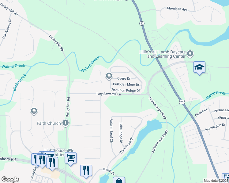 map of restaurants, bars, coffee shops, grocery stores, and more near 285 Ivey Edwards Lane in McDonough