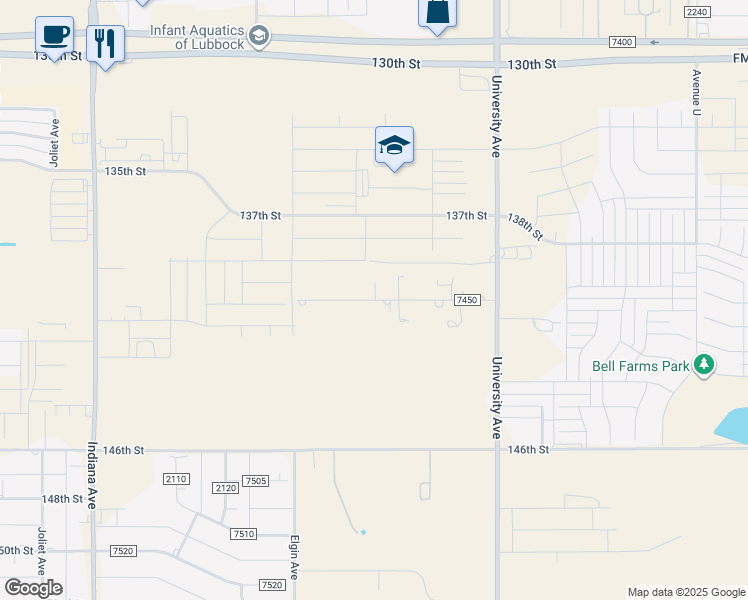 map of restaurants, bars, coffee shops, grocery stores, and more near 2500 140th Street in Lubbock