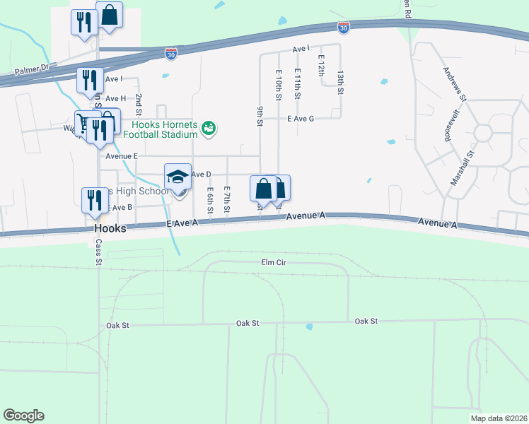 map of restaurants, bars, coffee shops, grocery stores, and more near 901 East Avenue A in Hooks