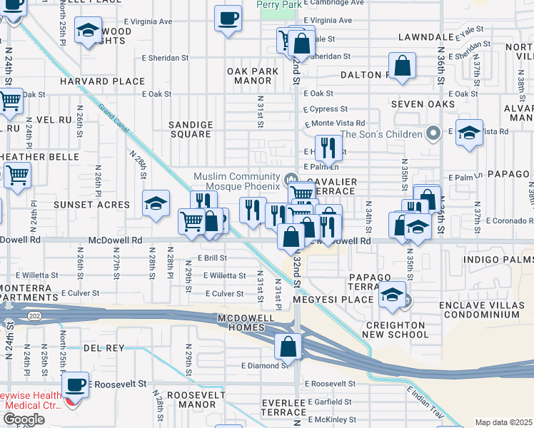 map of restaurants, bars, coffee shops, grocery stores, and more near 1619 North 31st Place in Phoenix