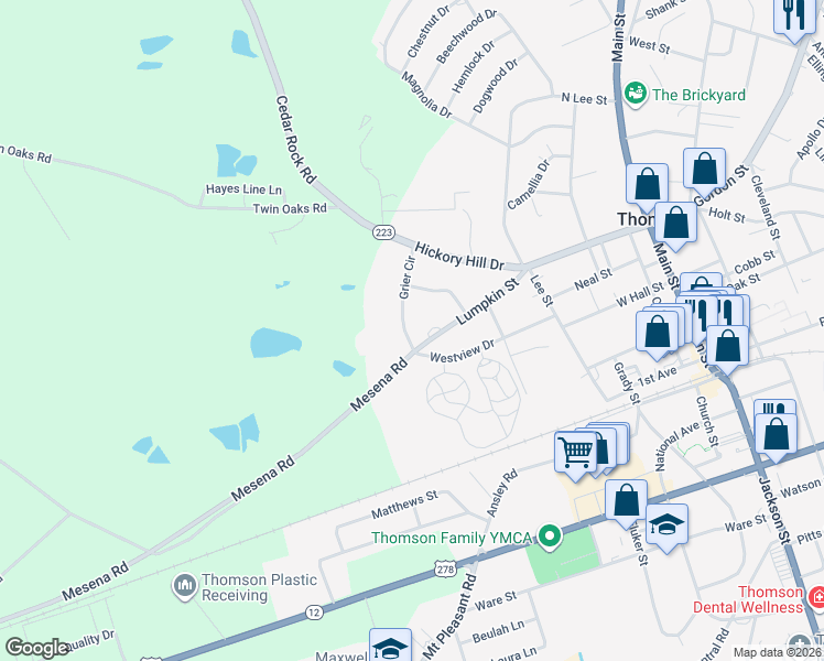 map of restaurants, bars, coffee shops, grocery stores, and more near 310 Grier Circle in Thomson