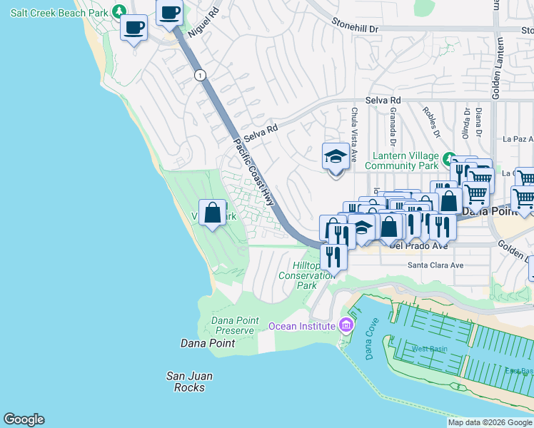 map of restaurants, bars, coffee shops, grocery stores, and more near 34044 Selva Road in Dana Point
