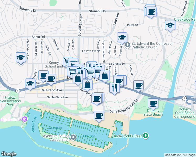 map of restaurants, bars, coffee shops, grocery stores, and more near 34092 Alcazar Drive in Dana Point