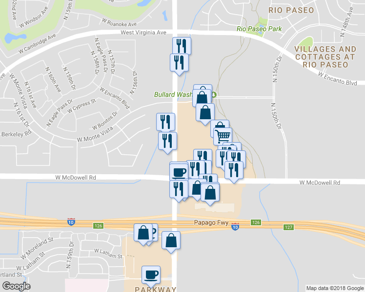 map of restaurants, bars, coffee shops, grocery stores, and more near 1831 North Pebble Creek Parkway in Goodyear