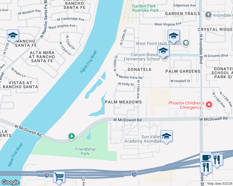 map of restaurants, bars, coffee shops, grocery stores, and more near 1823 North 120th Drive in Avondale