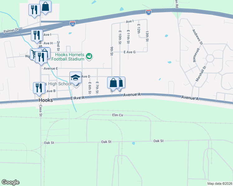 map of restaurants, bars, coffee shops, grocery stores, and more near 901 East Avenue A in Hooks