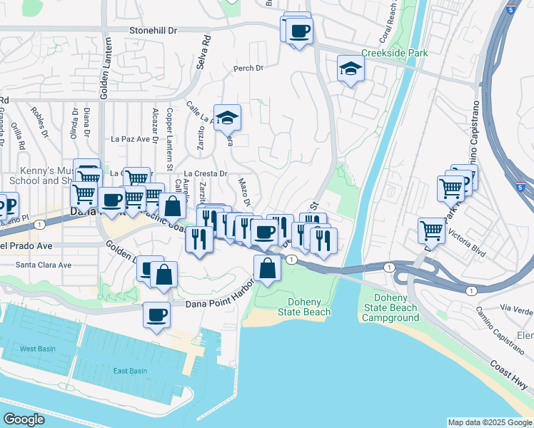 map of restaurants, bars, coffee shops, grocery stores, and more near 34132 Capistrano by the Sea in Dana Point