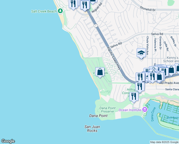 map of restaurants, bars, coffee shops, grocery stores, and more near 34001-34099 Selva Road in Dana Point