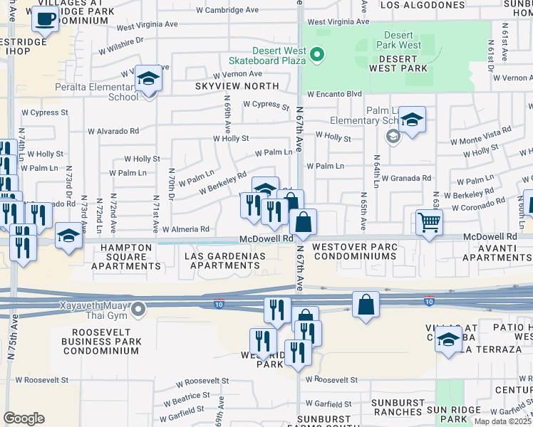 map of restaurants, bars, coffee shops, grocery stores, and more near 6738 West McDowell Road in Phoenix