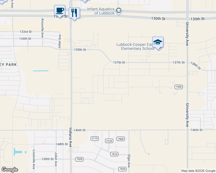 map of restaurants, bars, coffee shops, grocery stores, and more near 3801 140th Street in Lubbock