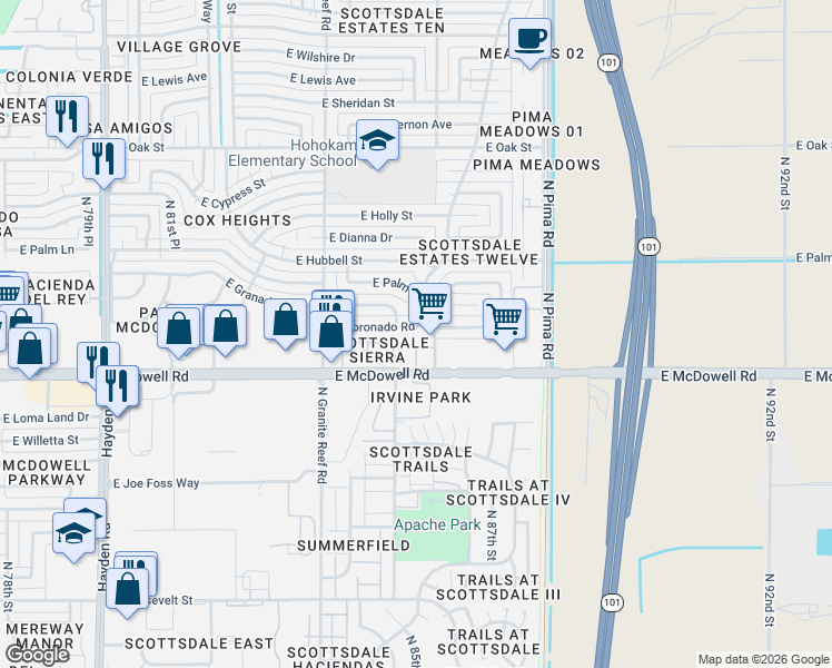 map of restaurants, bars, coffee shops, grocery stores, and more near 8550 East McDowell Road in Scottsdale