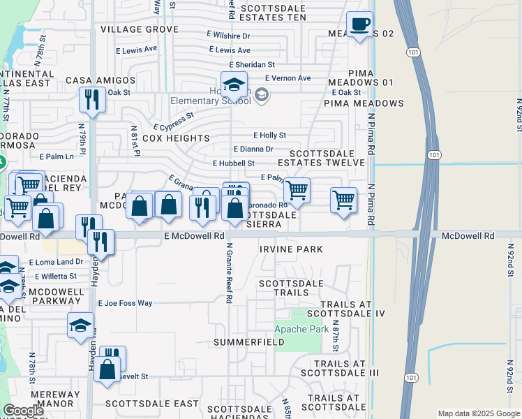 map of restaurants, bars, coffee shops, grocery stores, and more near 8550 East McDowell Road in Scottsdale