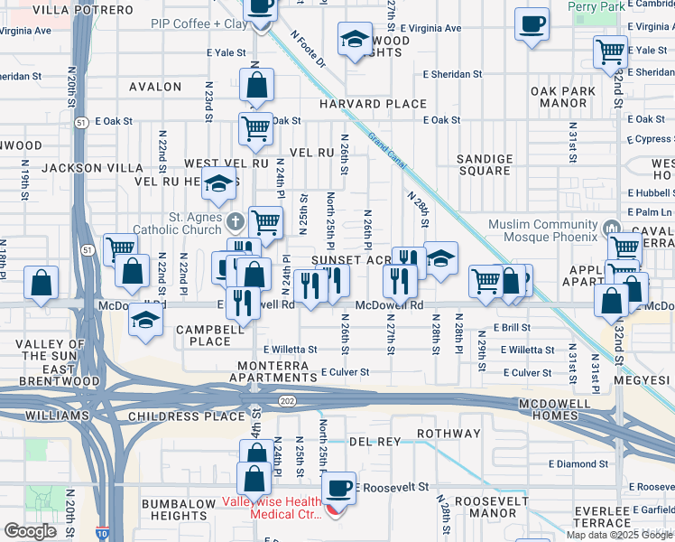 map of restaurants, bars, coffee shops, grocery stores, and more near 2608 East McDowell Road in Phoenix