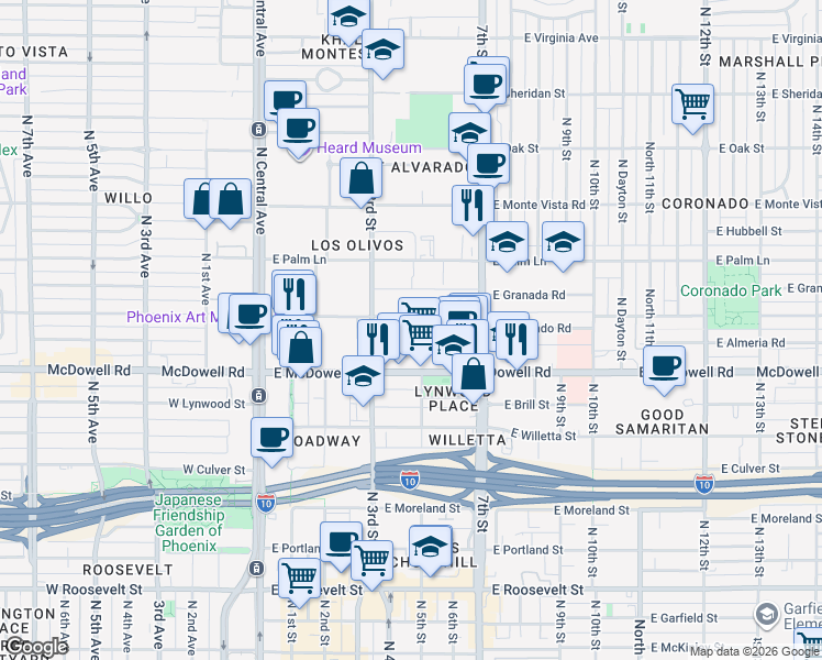 map of restaurants, bars, coffee shops, grocery stores, and more near 326 East McDowell Road in Phoenix