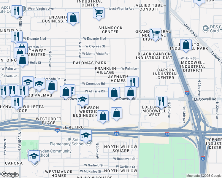 map of restaurants, bars, coffee shops, grocery stores, and more near 2911 West Almeria Road in Phoenix