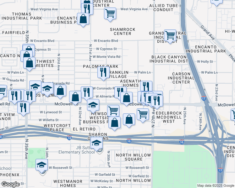 map of restaurants, bars, coffee shops, grocery stores, and more near 2911 West Almeria Road in Phoenix