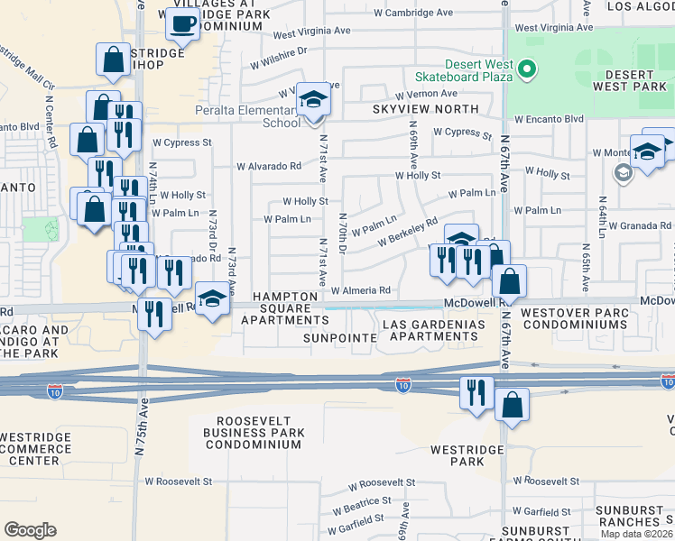 map of restaurants, bars, coffee shops, grocery stores, and more near 7102 West Almeria Road in Phoenix
