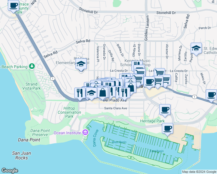map of restaurants, bars, coffee shops, grocery stores, and more near 34122 South Coast Highway in Dana Point