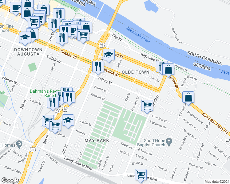 map of restaurants, bars, coffee shops, grocery stores, and more near 246 Walker Street in Augusta
