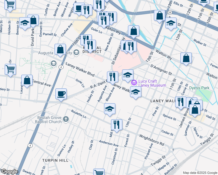 map of restaurants, bars, coffee shops, grocery stores, and more near 1252 Augusta Court in Augusta