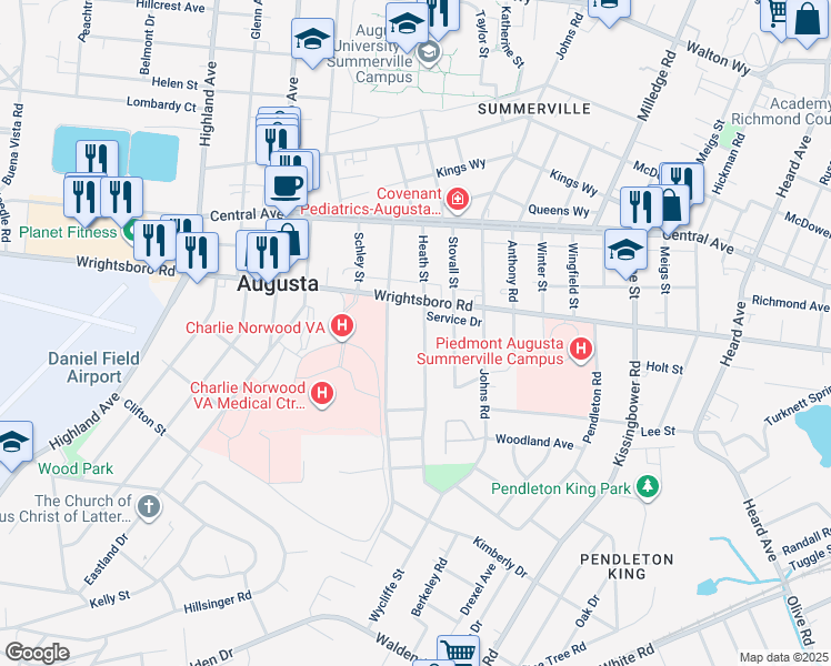 map of restaurants, bars, coffee shops, grocery stores, and more near 1527 Heath Street in Augusta