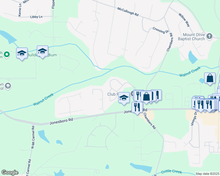 map of restaurants, bars, coffee shops, grocery stores, and more near 345 Lara Lane in McDonough