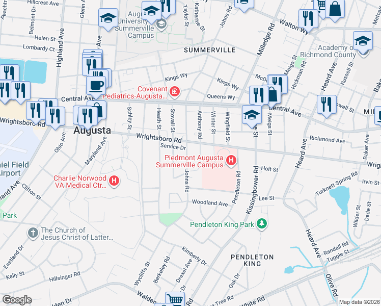 map of restaurants, bars, coffee shops, grocery stores, and more near 1520 Johns Road in Augusta