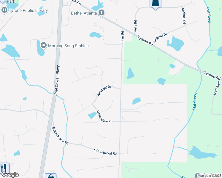 map of restaurants, bars, coffee shops, grocery stores, and more near 120 Newfield Drive in Tyrone