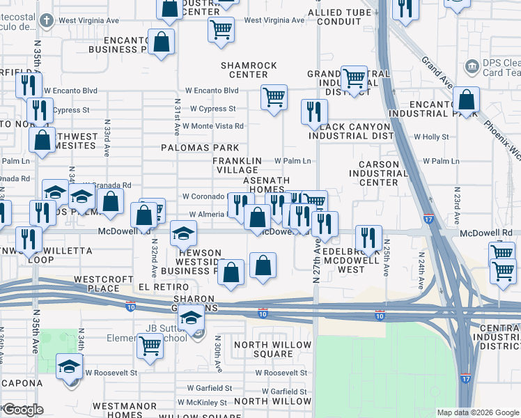 map of restaurants, bars, coffee shops, grocery stores, and more near 2829 West Almeria Road in Phoenix