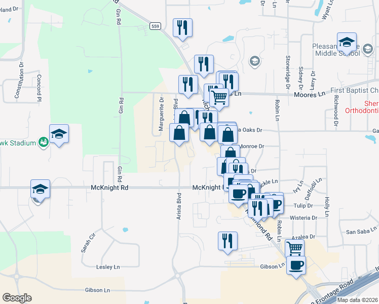 map of restaurants, bars, coffee shops, grocery stores, and more near 3403 Arista Boulevard in Texarkana