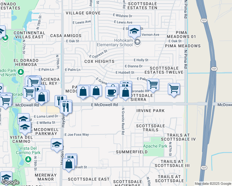 map of restaurants, bars, coffee shops, grocery stores, and more near 1700 North Granite Reef Road in Scottsdale