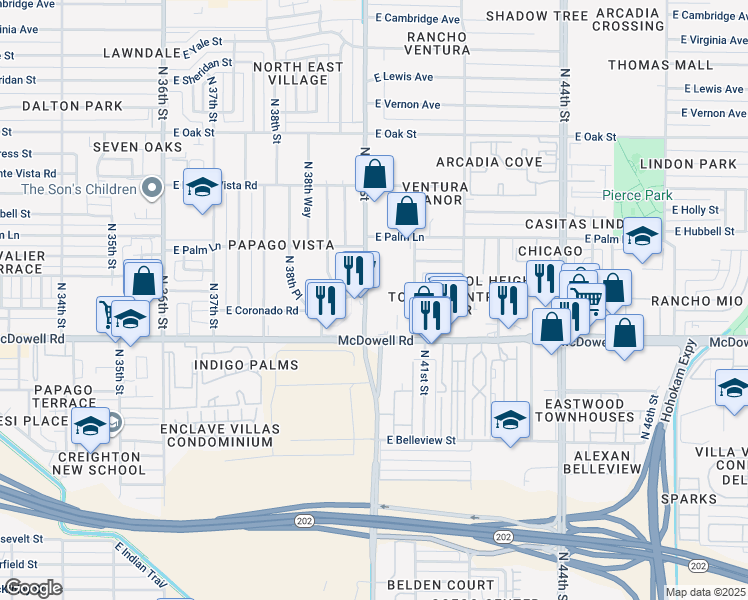 map of restaurants, bars, coffee shops, grocery stores, and more near 1625 North 40th Street in Phoenix