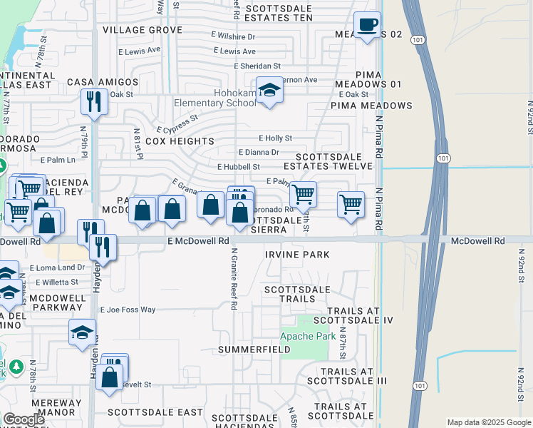 map of restaurants, bars, coffee shops, grocery stores, and more near 8550 East McDowell Road in Scottsdale