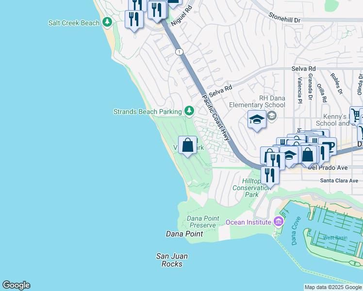 map of restaurants, bars, coffee shops, grocery stores, and more near 27 Strand Beach Drive in Dana Point