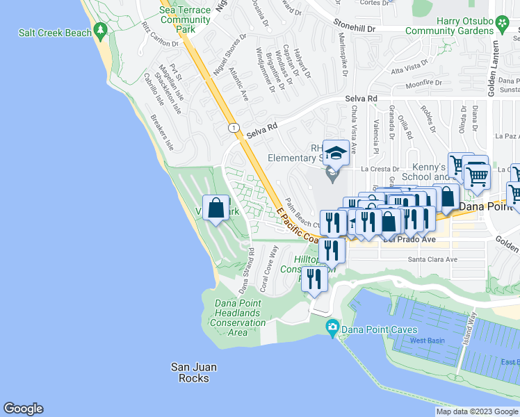 map of restaurants, bars, coffee shops, grocery stores, and more near 34140 Selva Road in Dana Point
