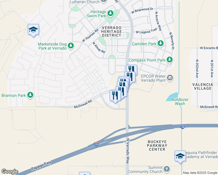 map of restaurants, bars, coffee shops, grocery stores, and more near 20825 West McDowell Road in Buckeye